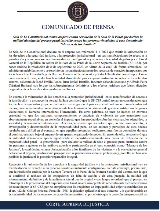 Sala de lo Constitucional emitió sentencia de amparo 414-2021 en el caso Jesuitas