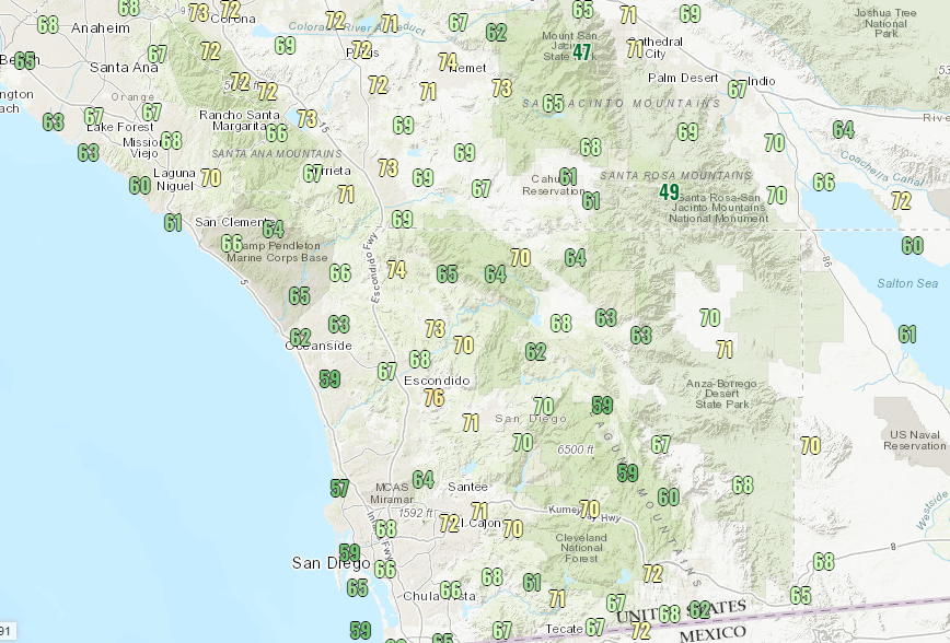 NWSSanDiego's tweet photo. That bright sun sure feels good today! Here is a look at the 3 pm temps across SoCal.
#CAwx https://t.co/scW0Y3bQRV