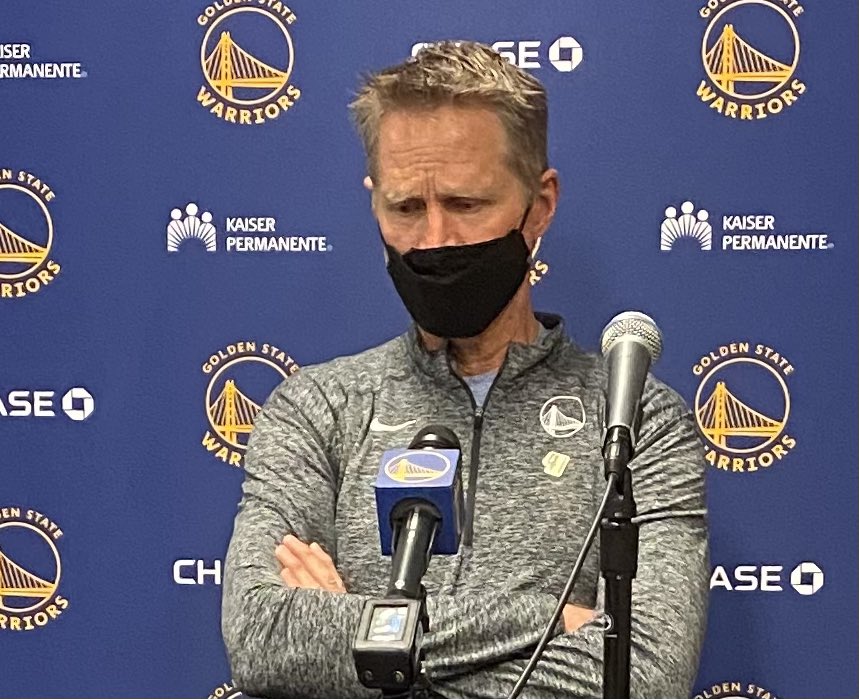 BannedMacMahon's tweet photo. Steve Kerr, wearing a golden 41 pin, calls Dirk “the greatest international player of all-time” and says it’s “incredibly meaningful” for the Warriors to be part of the #41Forever festivities. https://t.co/NieViuM6Va