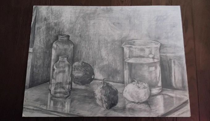 #静物画 #ビーカー #ビン #果物 #デッサン #過去絵 #写真加工 #色を反転した世界 
