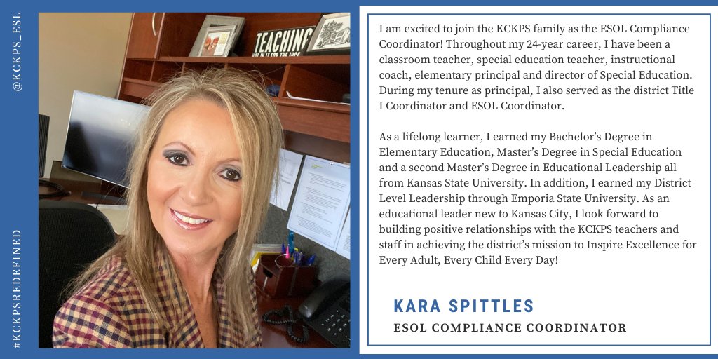 kckps_esl's tweet photo. We are so excited to welcome Ms. Kara Spittles to the ESOL team. Kara will be supporting the district as the ESOL Compliance Coordinator. #kckpsredfined #KsELs #MLL #KcELL https://t.co/Fsphr605sj