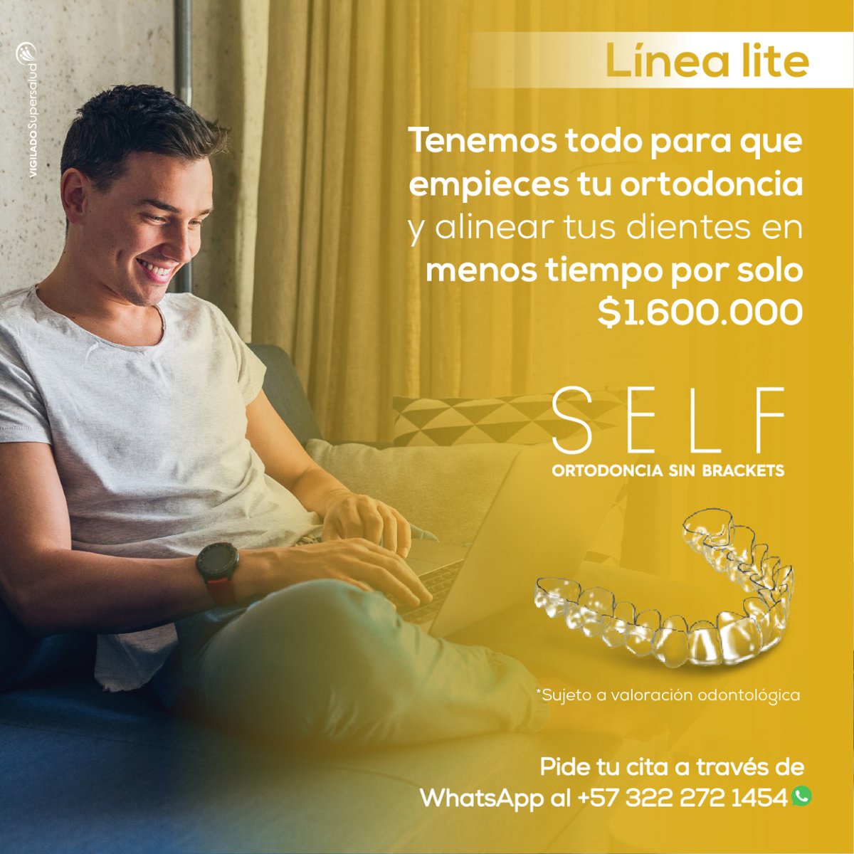 ¡Ahora la ortodoncia sin brackets está a tu alcance con #SelfLITE, un tratamiento 100% virtual y por solo $1.600.000! 🦷🤑

Sé parte de este viaje, llamando al +601 918 70 00 ☎ o escríbenos por WhatsApp al +57 322 272 1454 ✅.

*Sujeto a valoración odontológica* 👀