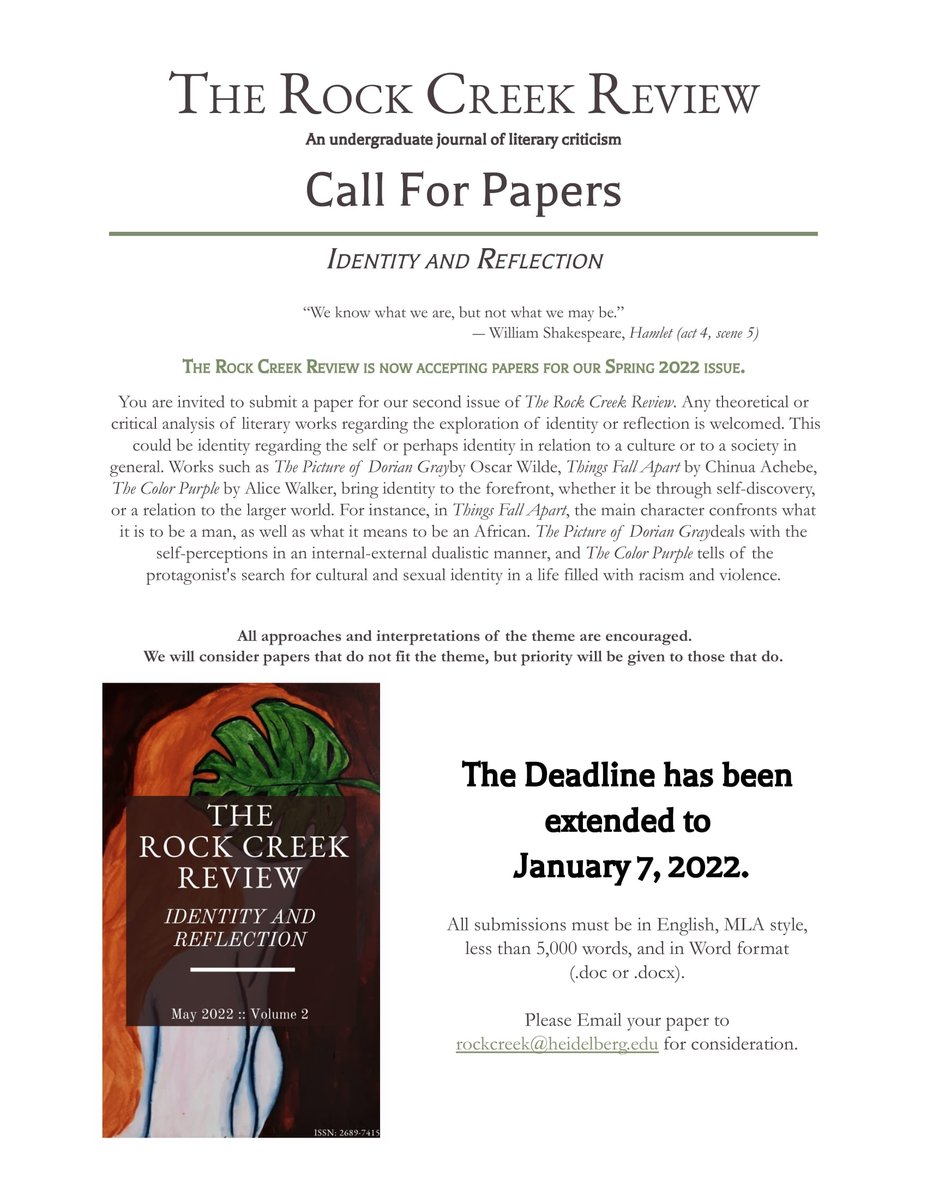 You have two more days to submit to The Rock Creek Review! The #deadline is this Friday, January 7th! 

#callforpapers #callforsubmissions #literature #LiteraryStudies #English #litcrit #cfp
