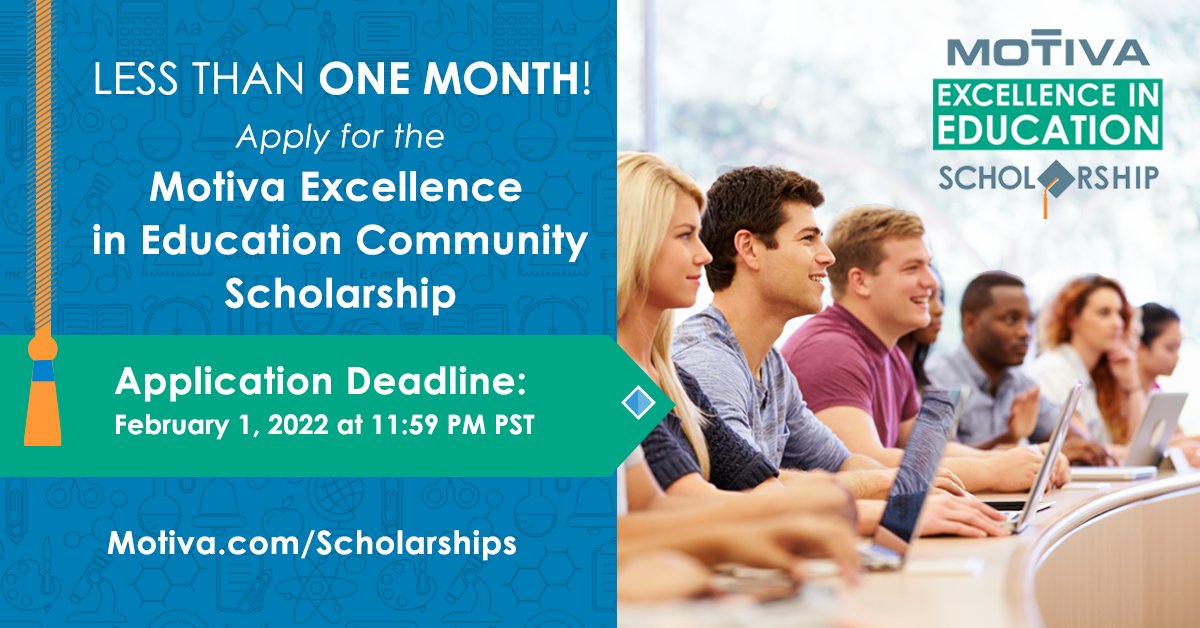 Less than ONE MONTH remaining to apply for the Motiva Excellence in Education Community Scholarship! To see if you are eligible for the scholarship, visit Motiva.com/Scholarships #MotivaProud