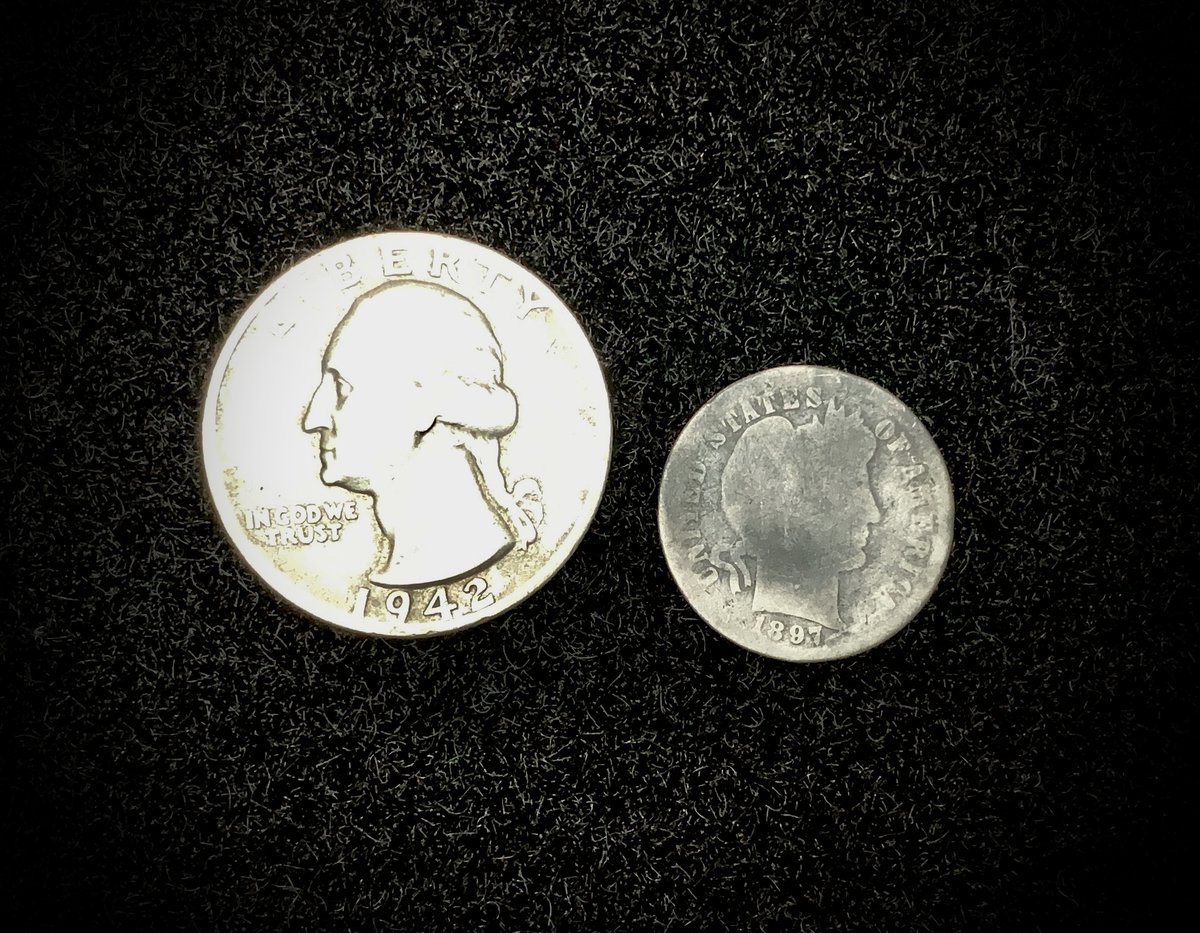 nationwideclass's tweet photo. Another day, another 2 bucket lists! 1942 silver quarter and an 1897 Barber dime. Finally found that elusive silver quarter! Wooo hoooo! #metaldetecting #minelabequinox #livedig https://t.co/NMPPKSyJQu