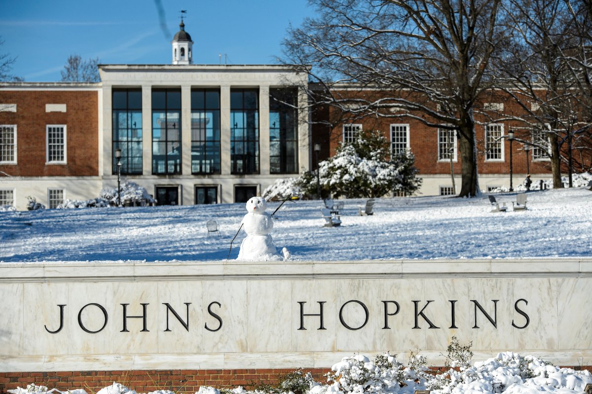 Atop the marble Johns Hopkins sign on Charles Street sits a snowman sculpture that appears to wave at the camera with one of its branch arms. Behind it, The Beach and surrounding bushes are covered in a blanket of snow. The bright blue sky peeks through the windowed front of the MSE Library, with the Gilman Clock Tower peeking from above it.