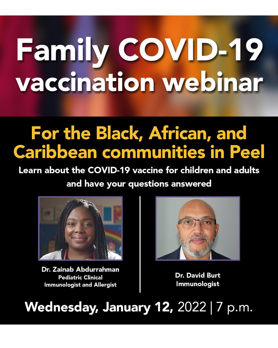 FourCornersHC's tweet photo. Join us for an upcoming webinar for the Black, African, and Caribbean communities in Peel. The speakers will cover topics such as vaccine safety, efficacy, consent, and more!
January 12, 2022 at 7 p.m.
Register at: https://t.co/o5s0etxwbJ #webinar #Covid_19 https://t.co/1yzRNxVLwk