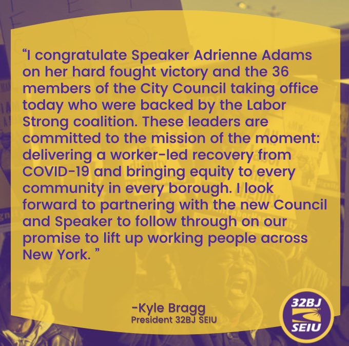 32BJSEIU's tweet photo. We congratulate ⁦@CMAdrienneAdams⁩ on her election as our next ⁦@NYCCouncil⁩ Speaker! 👏🏽👏🏽👏🏽 https://t.co/CMBP2AVQ72