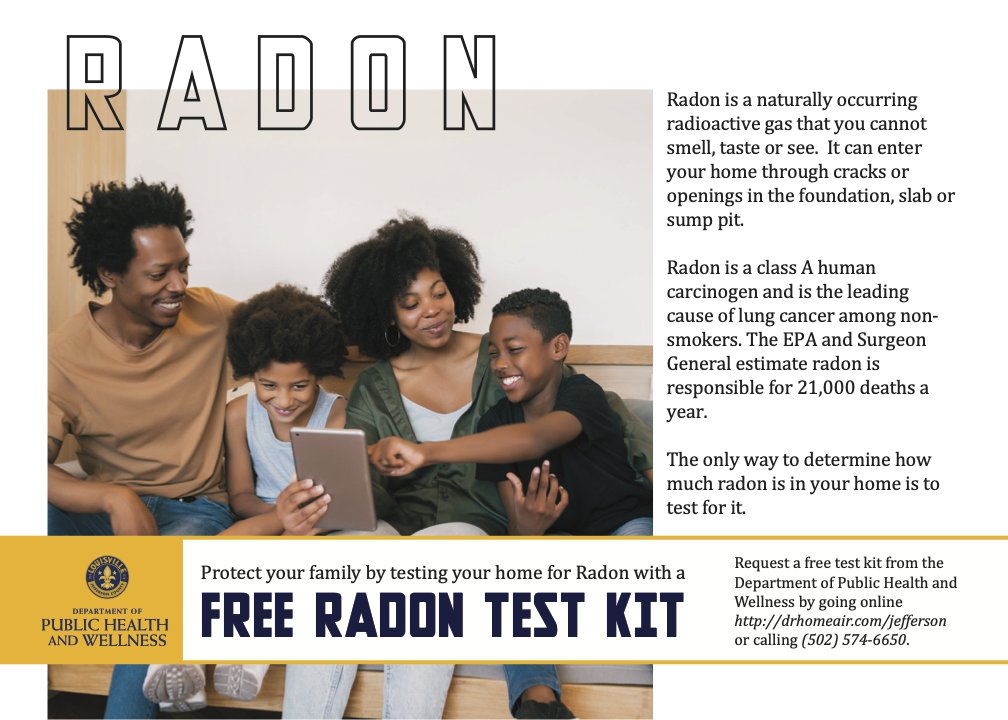 LouMetroHealth's tweet image. Request a free test kit from the Department of Public Health and Wellness by going online bit.ly/31yNf9C or calling (502) 574-6650.

#ProtectAgainstRadon #TestForRadon  #StopRadon  #SaveLives