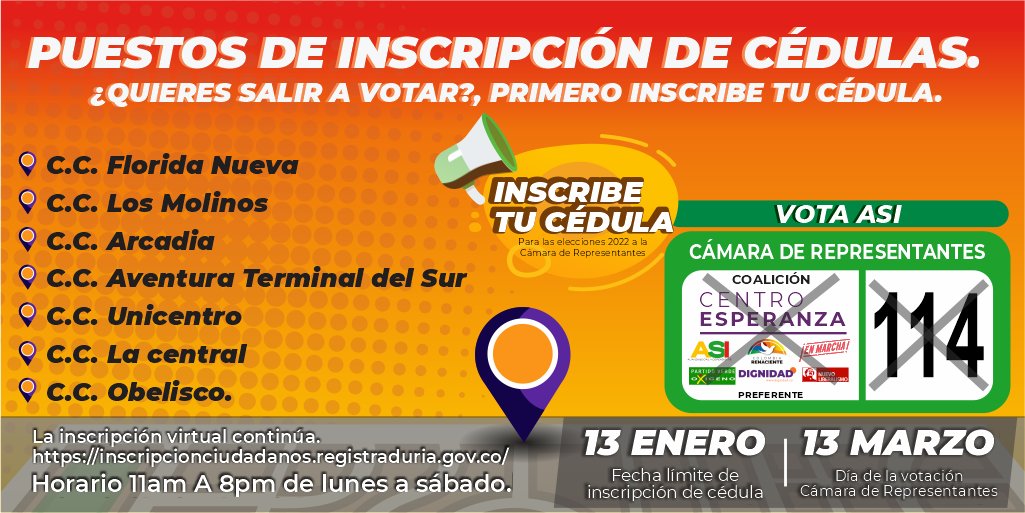 juandrioscamara's tweet photo. ¡El Cambio inicia con tu voto!
Quedan solo 8️⃣ días para inscribir la cédula. 
Tenemos una gran oportunidad y una responsabilidad histórica para renovar el #CongresodeColombia

#CoaliciónCentroEsperanza #114
#AntioquiaunaVisiónPosible

Puntos de inscripción #Medellín https://t.co/2x8lmYtaE3
