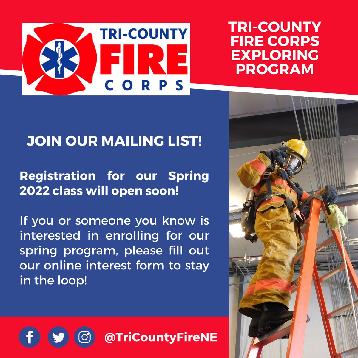 TriCountyFireNE's tweet photo. Registration for our Spring 2022 class will open soon! If you or someone you know is interested in this program, please fill out our online interest form to stay in the loop: https://t.co/PvmlgjZnYG

#TriCountyFireCorps https://t.co/UUza9A3tcp
