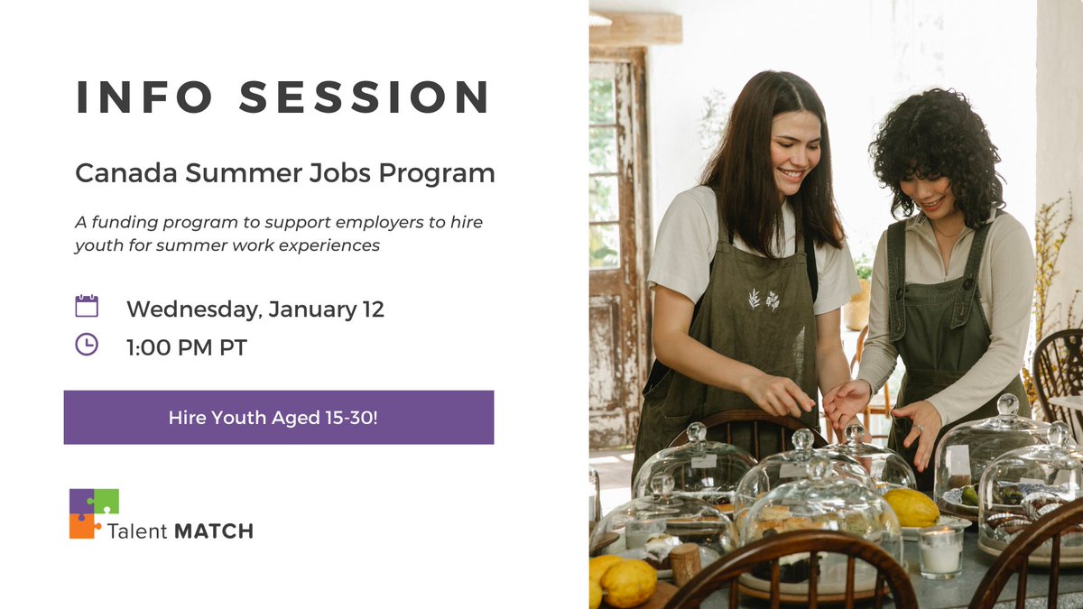 Canada Summer Jobs supports #nonprofits that provide quality summer work experience for youth aged 15 to 30 years old. Talent MATCH is hosting a free info session explaining how the program works and how to apply:

bit.ly/3EVAFyH