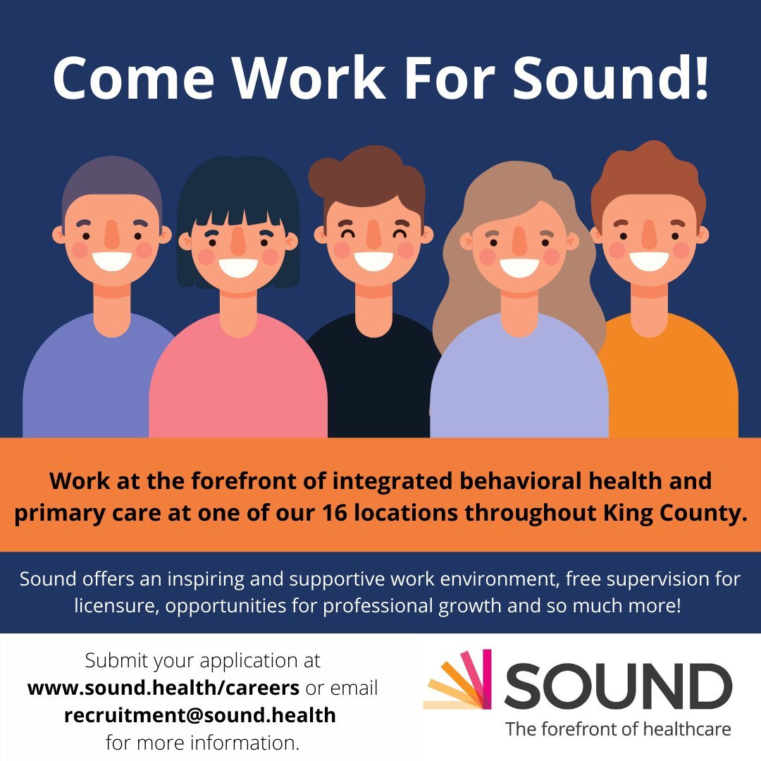 SoundMH's tweet photo. Sound is hiring!

https://t.co/N6aXmJT2P9

#WeGotThisSound #WellnessAndRecoveryHappenHere #GoodAndExcitingThings #wholehealthcare #mentalhealth #behavioralhealth #Seattle #jobopp #jobseekers #hiring #recruitment #careers #jobsearch #nowhiring #recruiting https://t.co/dFSsGSNNoj