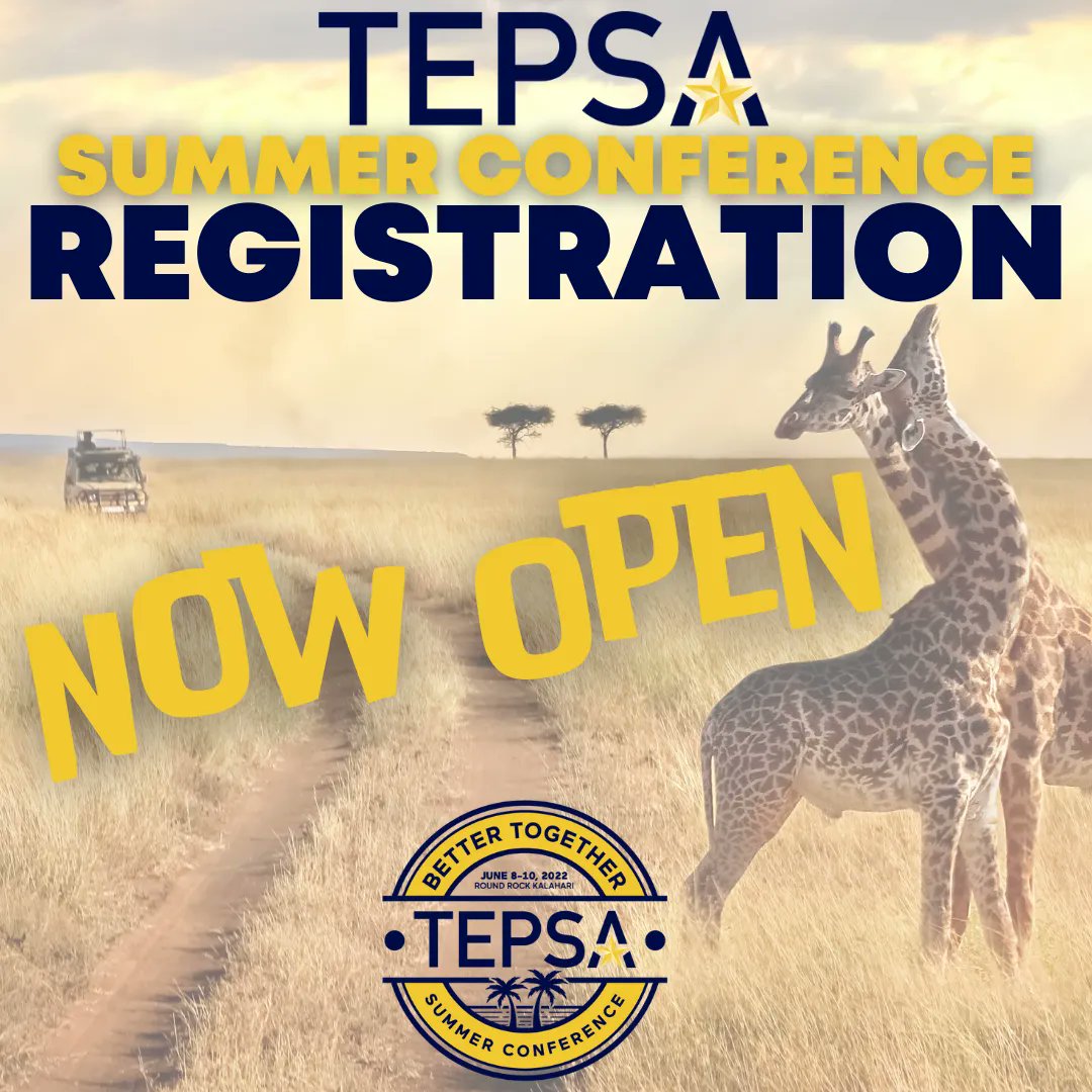 TEPSA Summer Conference registration is NOW OPEN!

Register early &amp; save! Join us at the Round Rock Kalahari Resort June 8-10th to connect, grow, &amp; be reminded how we're better when we're together!

Register &amp; get more info here: bit.ly/36NSr95

#WeLeadTX #TXed
