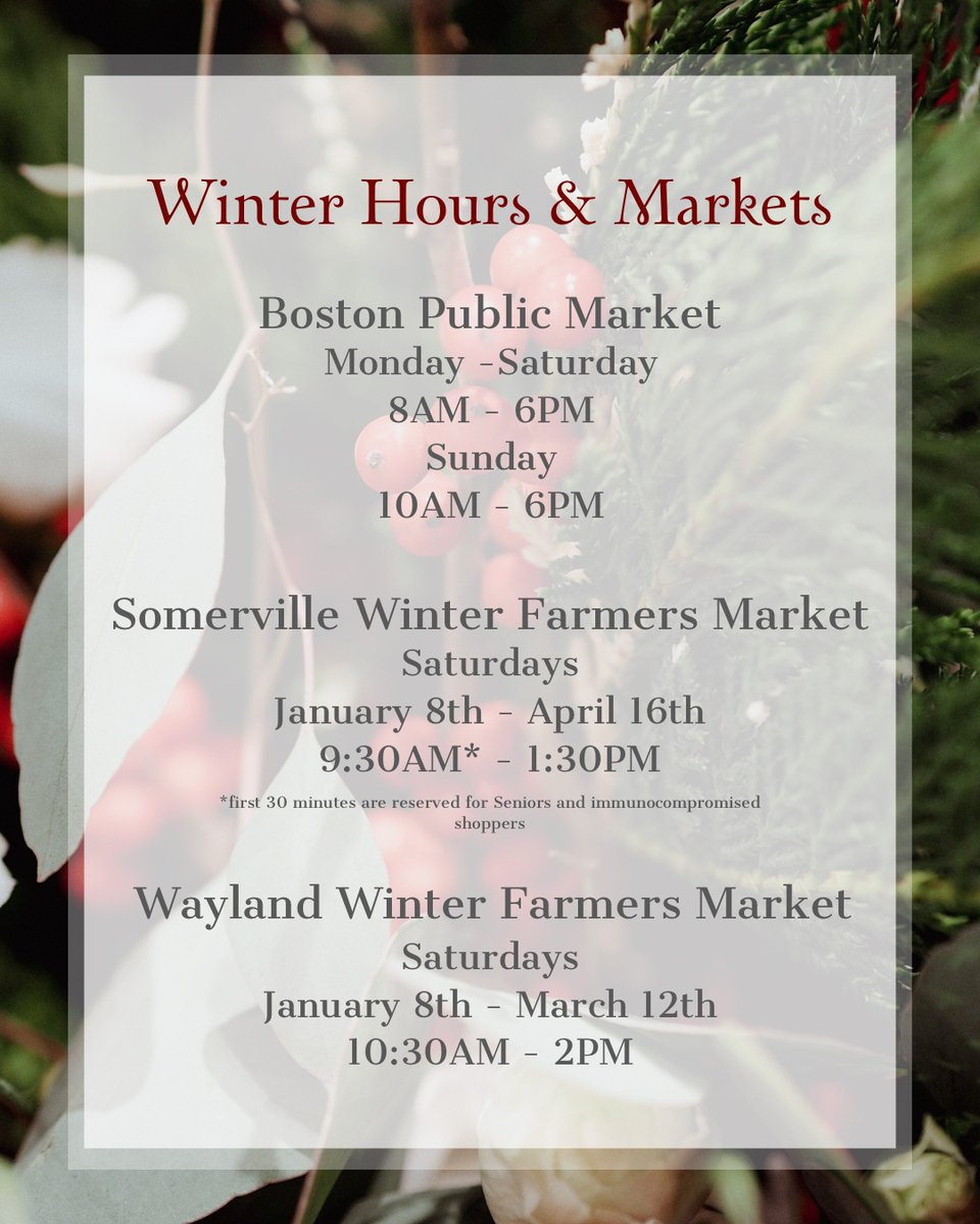 Happy New Year! ✨ We’re excited that we get to start our year with some of our favorite farmers’ markets! Both the <a href="/somwintermarket/">S'villeWinterMarket</a> and <a href="/waylandwintmkt/">Wayland Wint/Sum Mkt</a> begin again this Saturday, January 8th. Swipe to see more information on our winter markets and hours!