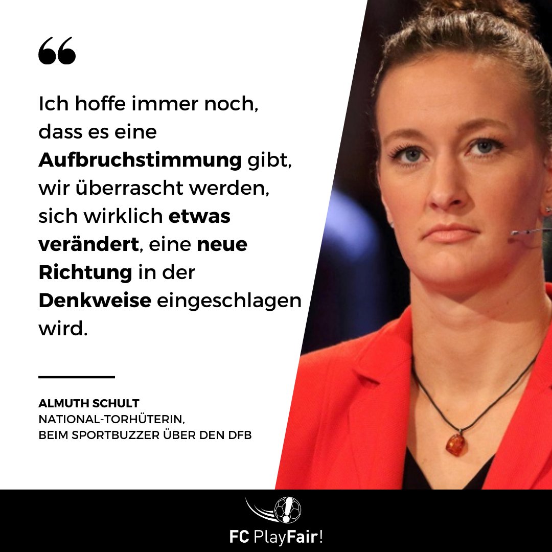 FCPlayFair's tweet photo. Almuth Schult hat die Hoffnung, dass sich beim DFB etwas verändert und eine neue Richtung in der Denkweise eingeschlagen wird.
Die Hoffnung stirbt zuletzt.
#PlayFair #DFB #almuth #schult #almuthschult #Fussball https://t.co/ruoxHFStQ6