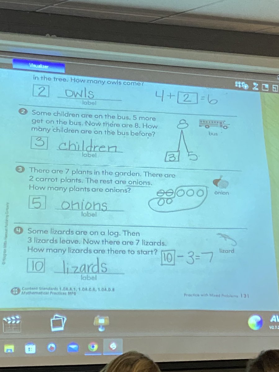 SyringDragons's tweet photo. First grade life- reading story problems in math - story about onion plants becomes an opinion poll about whether we like onions or not 🧅 and a problem about lizards becomes a story about a pet lizard @swartz_creek 😃😂 https://t.co/wFkjvdprD0