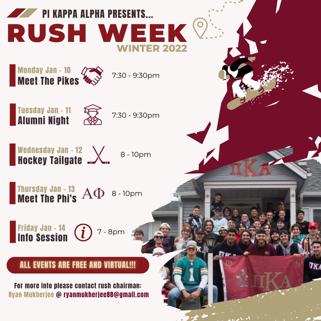 wlu_pikes's tweet photo. Welcome back golden hawks and warriors! We hope you had a joyful and safe holiday break!
It’s once again time for another PIKE rush term! We hope to see you all virtual events!
#RUSHPIKE2022 #RUSHPIKE #pike #pikappaalpha #rushweek #rush2022 #winterrush2022 https://t.co/x9HmUDirti