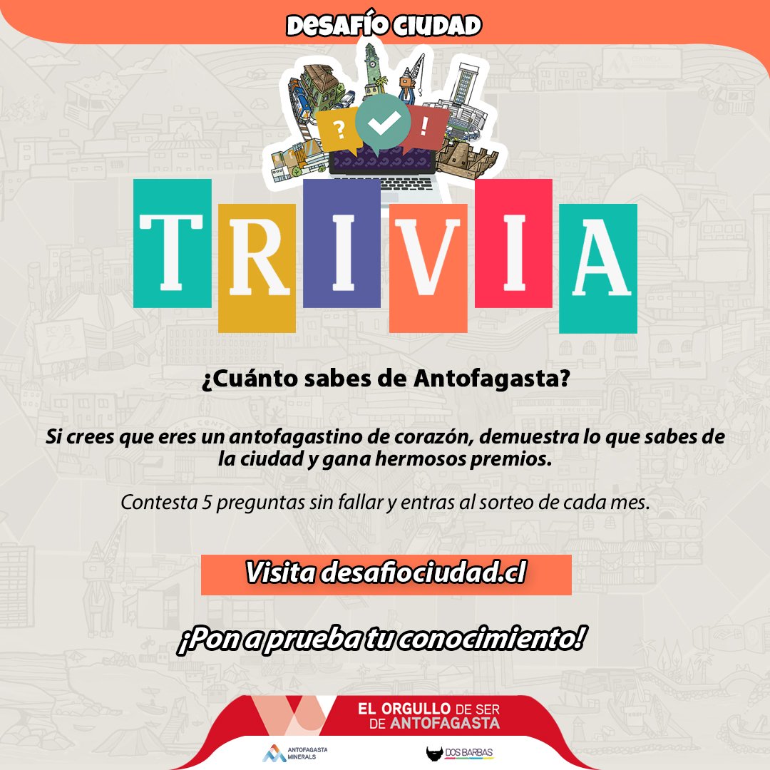 DesafioCiudadCL's tweet photo. #TriviaTime ⏰ 🤩
➡️ Recuerda que en https://t.co/AoGjmkRIa0 puedes divertirte jugando la #trivia 🥳
➡️ Si aciertas a 5 preguntas, ya estás dentro del sorteo de entretenidos premios sorpresa 🎁🎊
➡️ https://t.co/ZvzFVbihxB ✅
#TriviaTime #DosBarbas https://t.co/3Da38D50NC