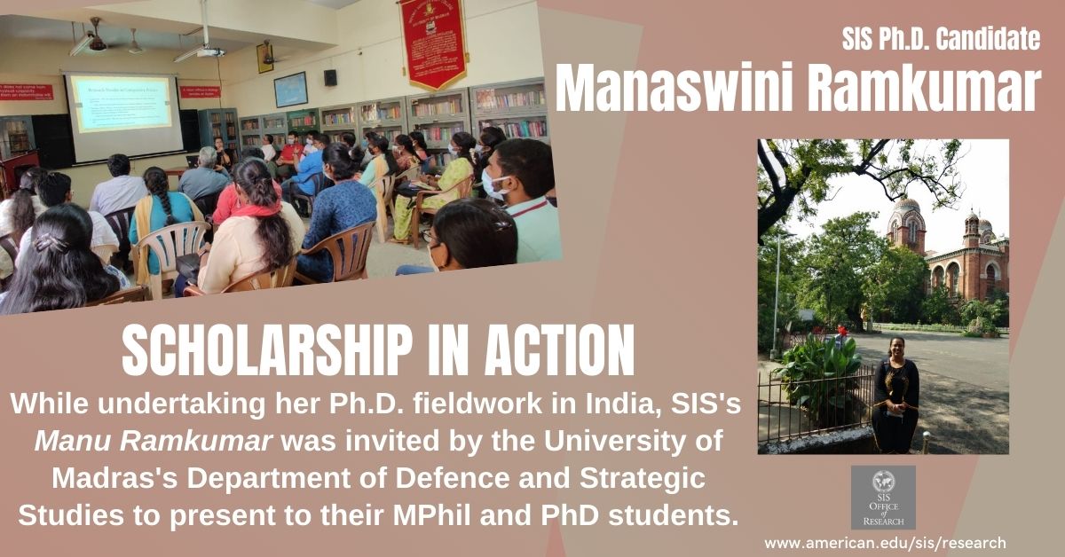 research_sis's tweet photo. While @SIS_PhD student Manaswini Ramkumar was in #India doing #fieldwork, she took a bit of time to visit the University of Madra's Department of Defence and Strategic Studies students to present on her #research. #collaboration #knowledgeacrossborders #internationalexchange https://t.co/fSzhQNHKUc