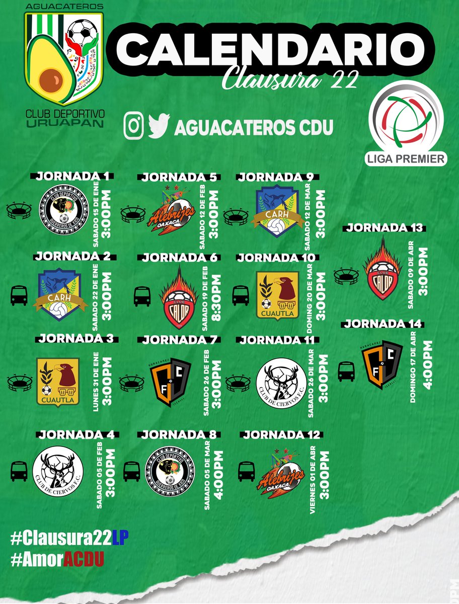 ¡Conoce el camino de nuestro equipo en el torneo #Clausura22LP! 🗓🙌🏻 

¡Agenda las fechas y no pierdas pista del campeón! ¡VAMOOOOS! 👊🏻 

#AmorACDU 
<a href="/LigaPremier_FMF/">Liga Premier FMF</a>