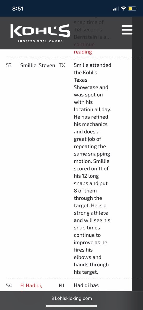 I want to thank <a href="/KohlsKicking/">Kohl's Kicking Camps</a> for the great review and ranking me #53 in the nation as a long snapper. 4.5⭐️                           <a href="/KohlsSnapping/">Kohl's Snapping Camps</a> @CoachSidders <a href="/Coach_Casper/">Coach Casey Casper</a>
