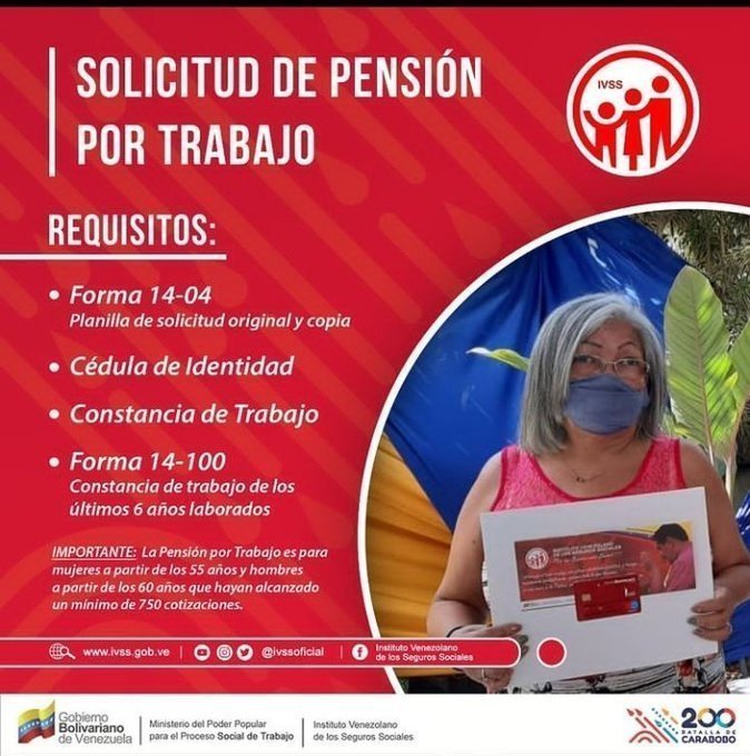 #Infórmate | El #IVSS te presenta los requisitos necesarios para realizar la solicitud de pensión por trabajo.  #PorUnSeguroMásSocial <a href="/MagaGutierrezV/">Magaly Gutiérrez Viña</a> <a href="/NicolasMaduro/">Nicolás Maduro</a>