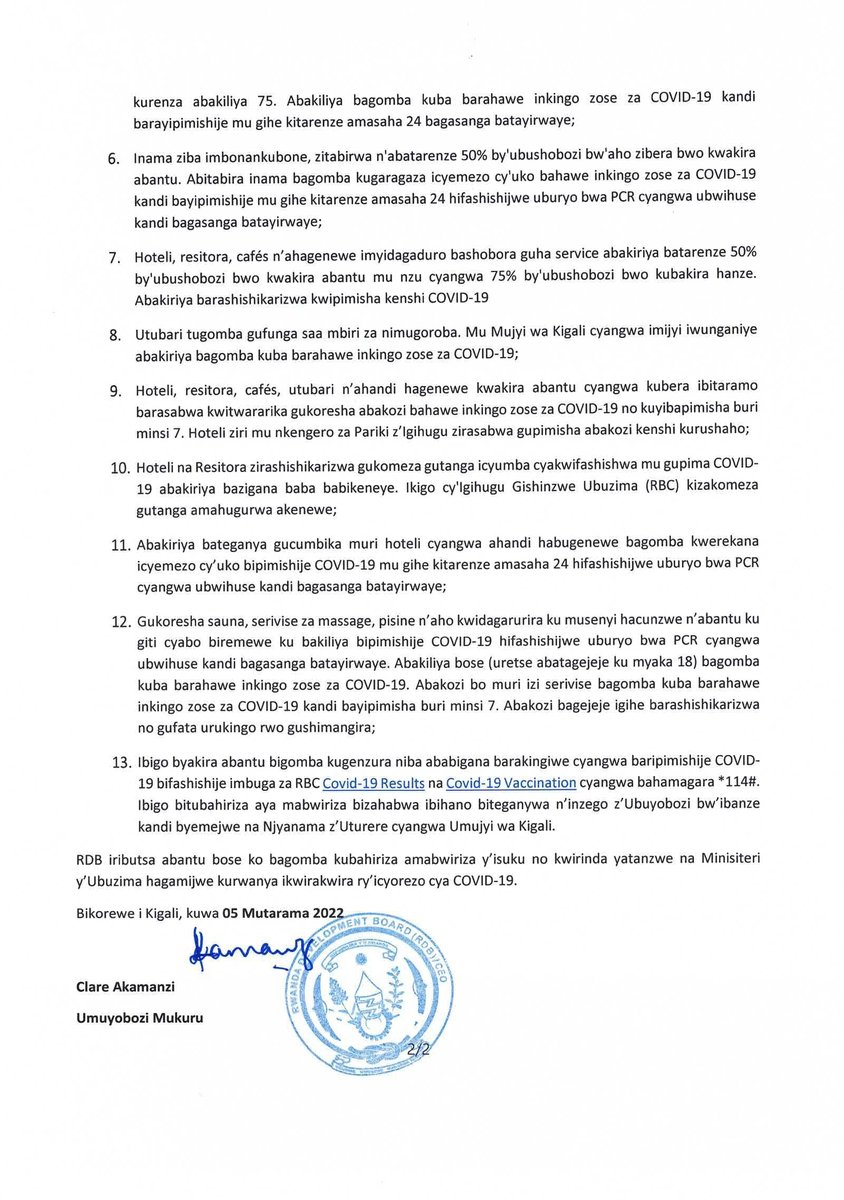 RDBrwanda's tweet photo. ITANGAZO: Amabwiriza avuguruye yo kwirinda COVID-19 mu rwego rw’ubukerarugendo n’amahoteli ndetse n’inama, amakoraniro n'amamurikabikorwa (MICE). https://t.co/MkTmfhO3Sx