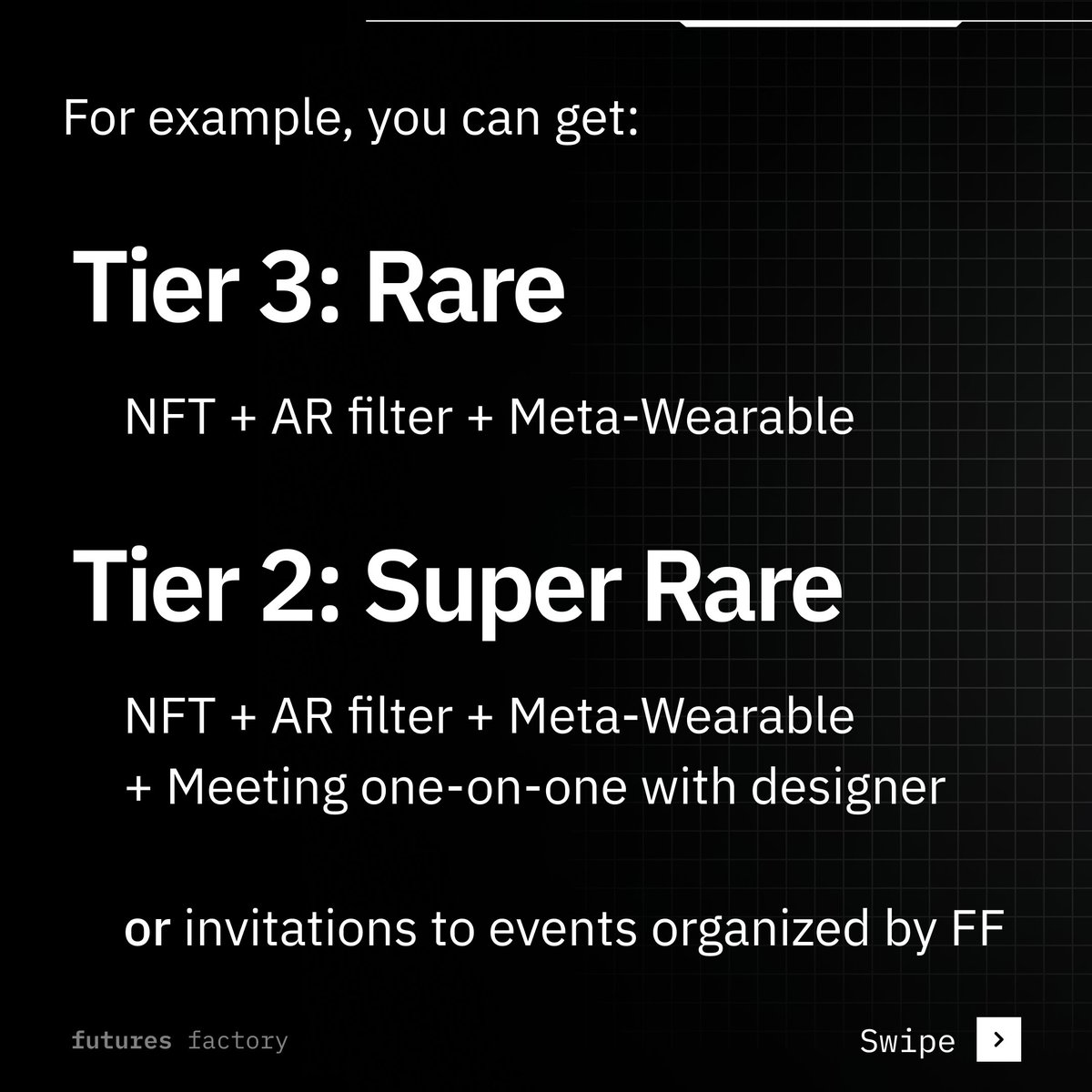 futures_nft's tweet photo. 🔥Want to choose which utility is right for you?
🔥Each tier will allow you to do just that. Each tier will deliver a tailored experience. #FF #NFT #Futuresfactory https://t.co/LJd624uL2a