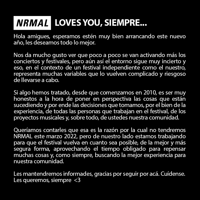 Nrmal's tweet photo. NRMAL LOVES YOU, SIEMPRE ❤️
Cuídense, nos veremos pronto. https://t.co/FGwLaCqSVp