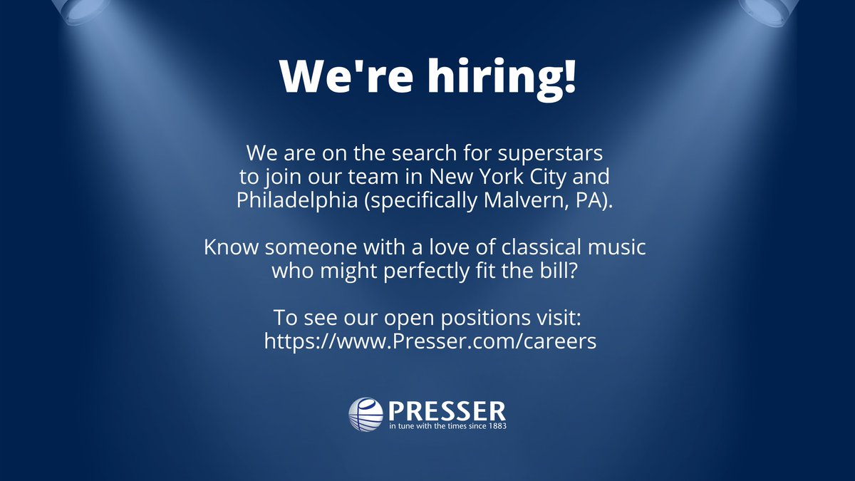 Theodore Presser Co. (@theodorepresser) on Twitter photo We're hiring! We are on the search for superstars to join our team in NYC and Philadelphia. For more details visit Presser.com/careers
#classicalmusic #TheodorePresserCo #CarlFischerMusic #openpositions We're hiring! We are on the search for superstars to join our team in NYC and Philadelphia. For more details visit Presser.com/careers
#classicalmusic #TheodorePresserCo #CarlFischerMusic #openpositions