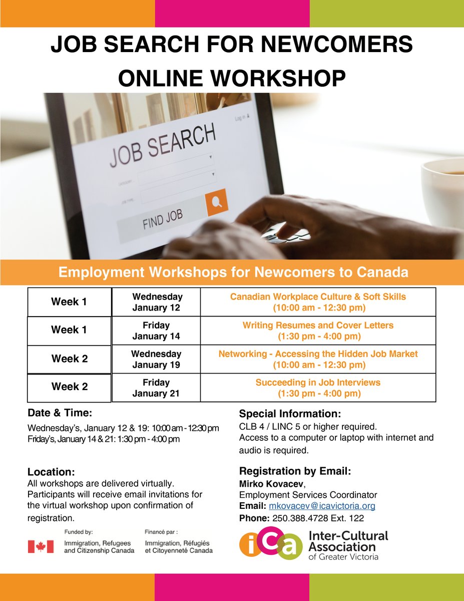Inter-Cultural Association of Greater Victoria (@icavictoria) on Twitter photo Are you a newcomer looking for a job? Need assistance with your resume, cover letter, job interviews and learn about the local labour market? Register today for our Job Search for Newcomer Workshops! Email mkovacev@icavictoria.org to sign up.
#yyj #jobsearach #resume Are you a newcomer looking for a job? Need assistance with your resume, cover letter, job interviews and learn about the local labour market? Register today for our Job Search for Newcomer Workshops! Email mkovacev@icavictoria.org to sign up.
#yyj #jobsearach #resume