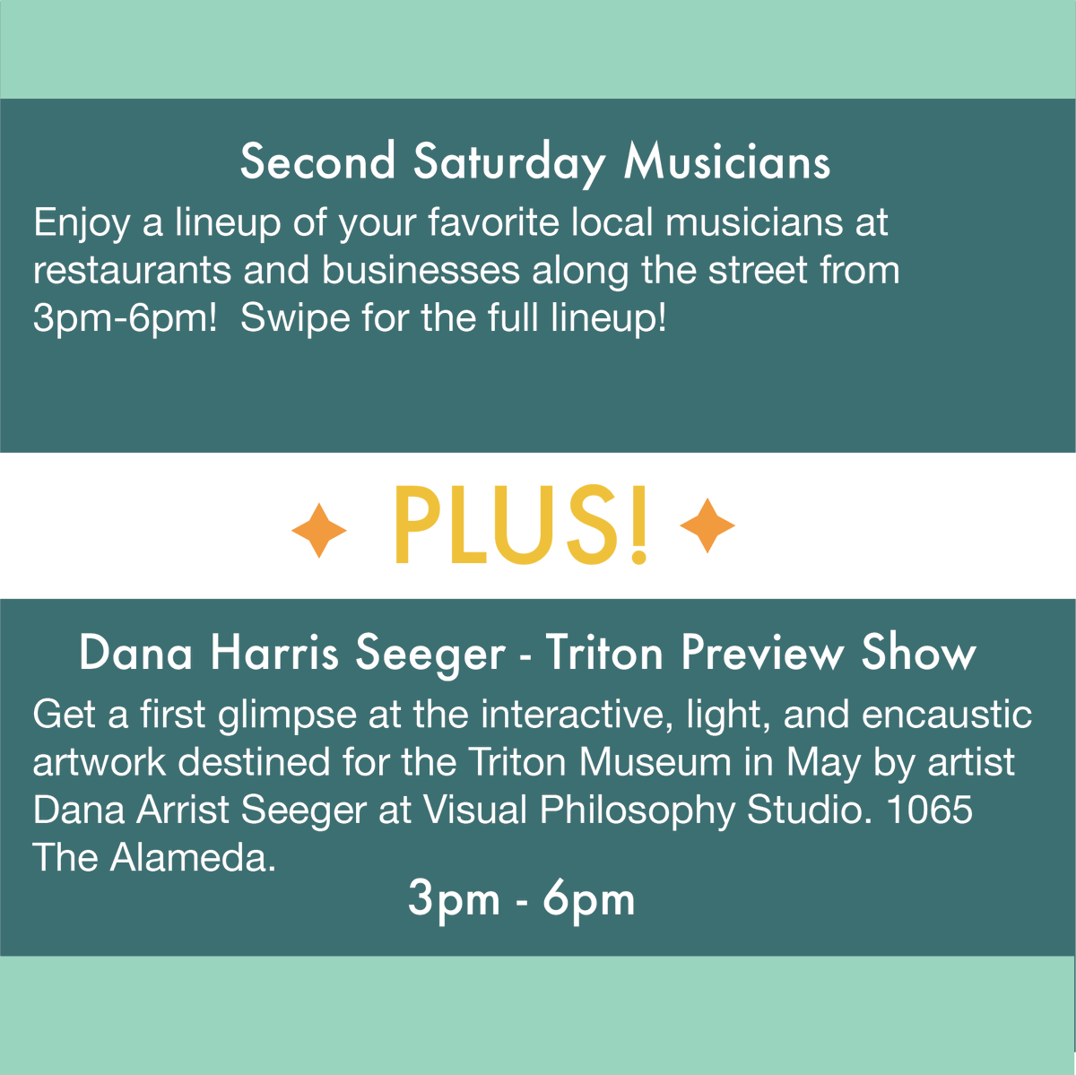 visitthealameda's tweet photo. Second Saturday is THIS WEEKEND on The Alameda!  Check out the great musician lineup, PLUS artist Dana Harris Seeger will be hosting her Triton Preview Show at Visual Philosophy Studio during the event hours! (1/2)

Jan 8th, 3pm-6pm
#sanjose #secondsaturday #visithealameda https://t.co/E1FA8jNZqP