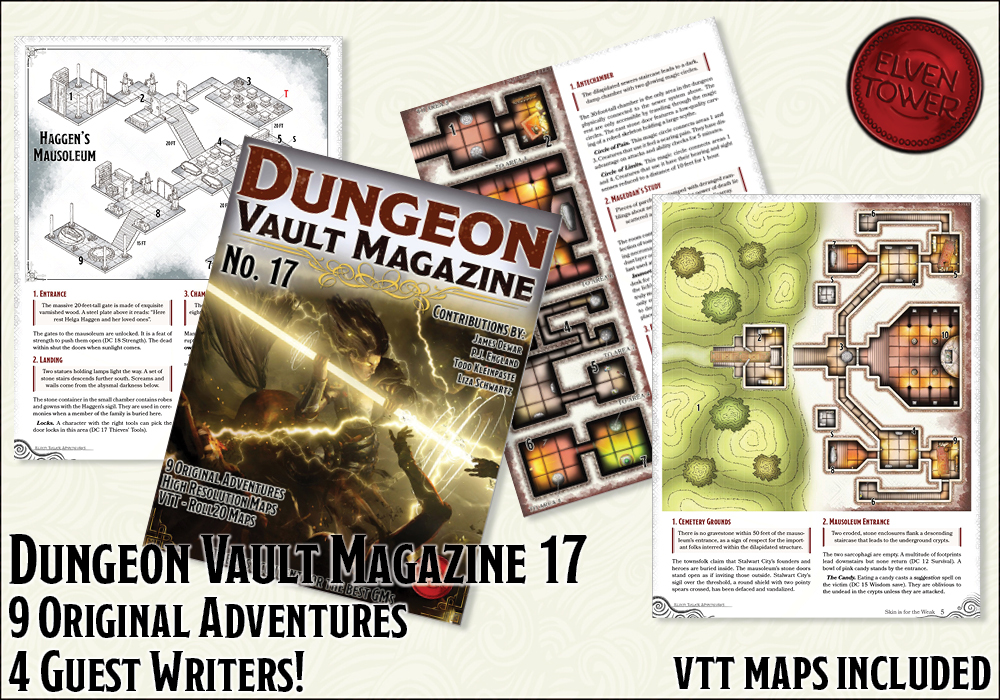 ElvenTower's tweet photo. Dungeon Vault Magazine - Issue 17 is out in the wild.

It includes 9 original adventures, VTT maps, 4 articles by awesome guest authors:

@LizasLantern
@dmdicey
@vonruski
@gameld10 

A repository of creativity and awesome stuff to add to your #TTRPG #dnd games. Link below. https://t.co/cWfNhx7Rfq