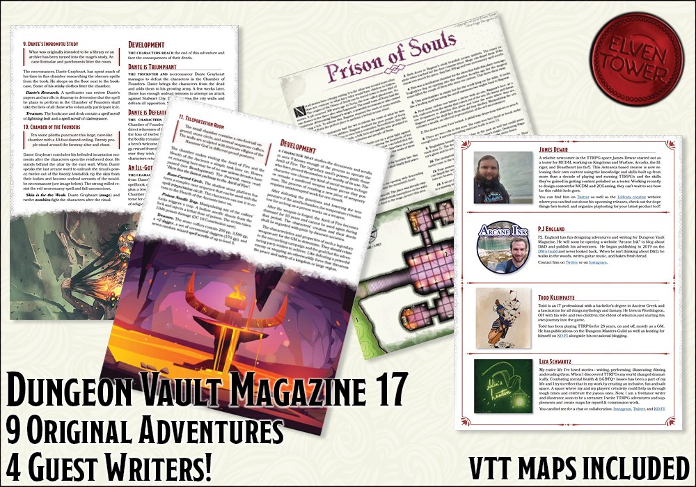 ElvenTower's tweet photo. Dungeon Vault Magazine - Issue 17 is out in the wild.

It includes 9 original adventures, VTT maps, 4 articles by awesome guest authors:

@LizasLantern
@dmdicey
@vonruski
@gameld10 

A repository of creativity and awesome stuff to add to your #TTRPG #dnd games. Link below. https://t.co/cWfNhx7Rfq