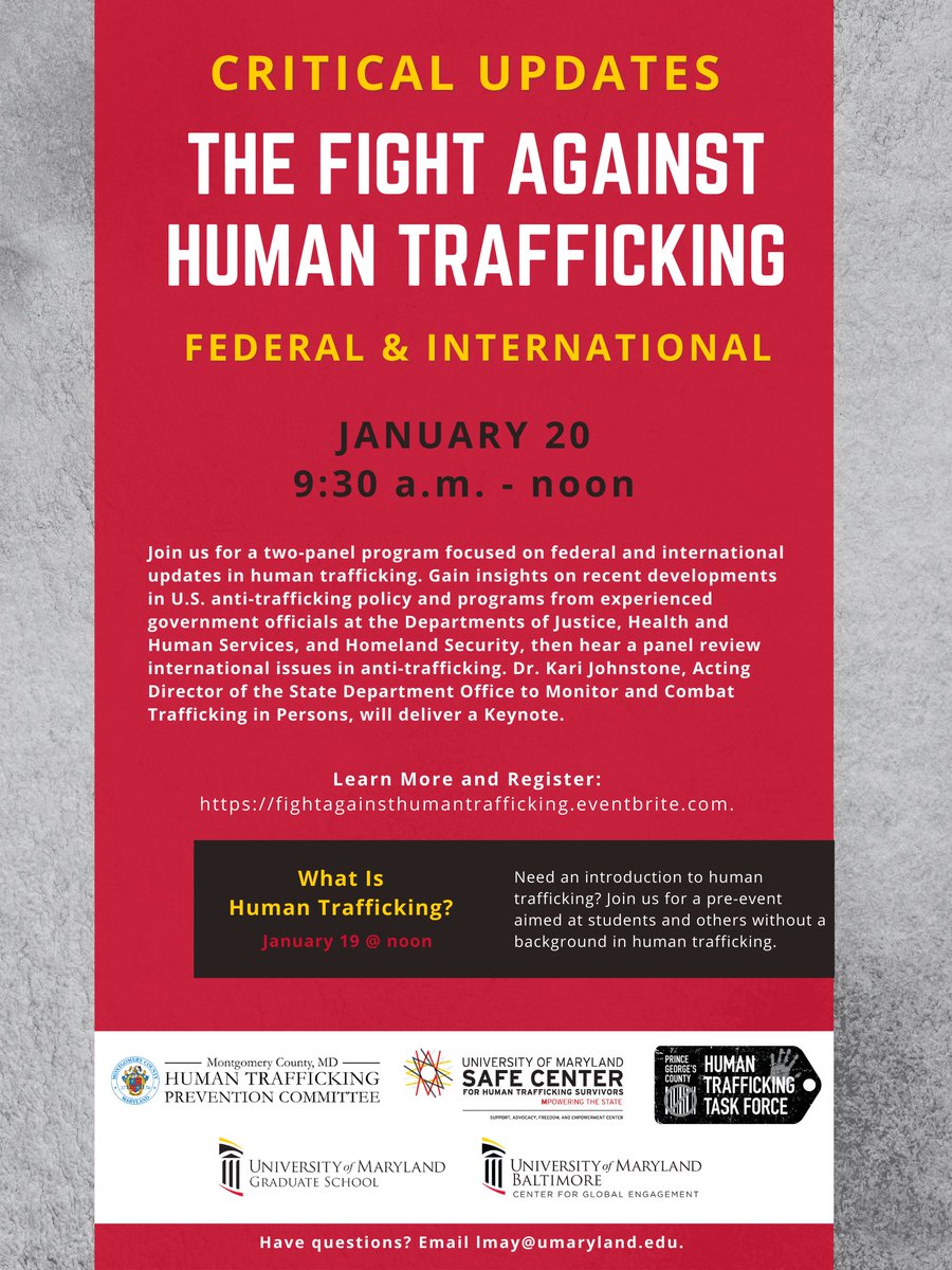 Want to learn more about the fight against human trafficking? Join us on 1/20 virtually for federal and international updates and learn about U.S anti-trafficking policy and programs. Register: …gainsthumantrafficking.eventbrite.com 
<a href="/UMDSAFECenter/">UMD SAFE Center</a> <a href="/UMBaltimore/">University of Maryland, Baltimore</a>