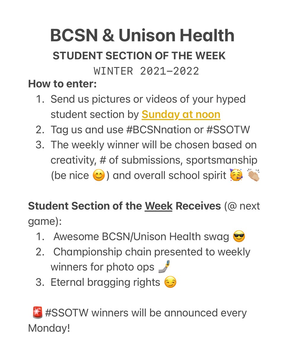 BCSNsports's tweet photo. 🗣️ STUDENT SECTIONS 🗣️

We need you to get 𝗟𝗢𝗨𝗗 and 𝗦𝗛𝗢𝗪 𝗨𝗦 🤳 what you got! 𝑾𝒆 𝒘𝒂𝒏𝒕 𝒕𝒐 𝒔𝒆𝒆 𝒕𝒉𝒆 𝑩𝑬𝑺𝑻 𝒔𝒕𝒖𝒅𝒆𝒏𝒕 𝒔𝒆𝒄𝒕𝒊𝒐𝒏𝒔! 😤

Send us all your 𝙥𝙞𝙘𝙩𝙪𝙧𝙚𝙨 and 𝙫𝙞𝙙𝙚𝙤𝙨 for the @UnisonHealthTol #SSOTW! 🏅

#ChainSZN | #BCSNnation https://t.co/cioeHG5oGc