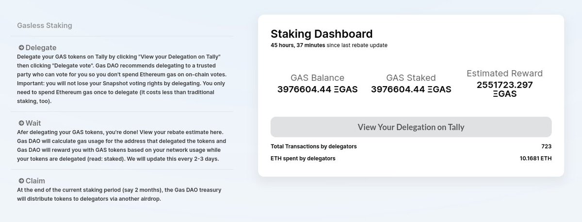 0xGasDAO's tweet photo. GAS REWARDS ESTIMATES ARE NOW LIVE ON https://t.co/RVm1Eetkbc UNDER STAKING DASHBOARD. Remember that these are estimates of your rewards earned thus far from delegating your tokens and for using the Ethereum network. Rewards will be airdropped from the smart contract in ~2M! https://t.co/YVR55bI0UF
