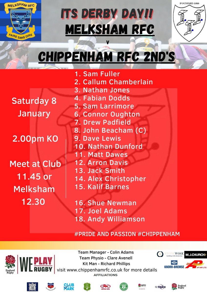 Chippenham RFC 2nd Squad selected for match away <a href="/MelkshamRFC/">MelkshamRFC</a> 

#Brothers proudly wearing the badge #DerbyDay

#Chippenham #RugbyFamily
