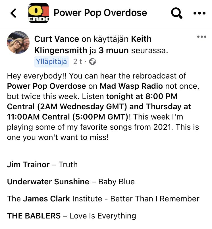 THEBABLERS's tweet photo. Thank you Curt Vance for including โLove is Everything!โ ๐ https://t.co/QoNOzG1Rvh on your favourite songs 2021 list on @MadWaspRadio!โค๏ธ๐ Keep on buzzzing 2022!๐๐ฅ๐ฅ๐#thebablers #newmusicallert #popmusic #bestof2021 @StirBig #powerpopoverdose #curtvance https://t.co/HPX9J2hBy7