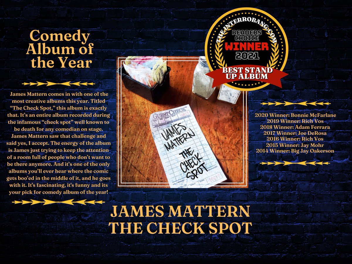 Congratulations to @JamesLmattern voted winner of 2021 Comedy Album of the Year for The Check Spot!

theinterrobang.com/2021-comedy-aw…