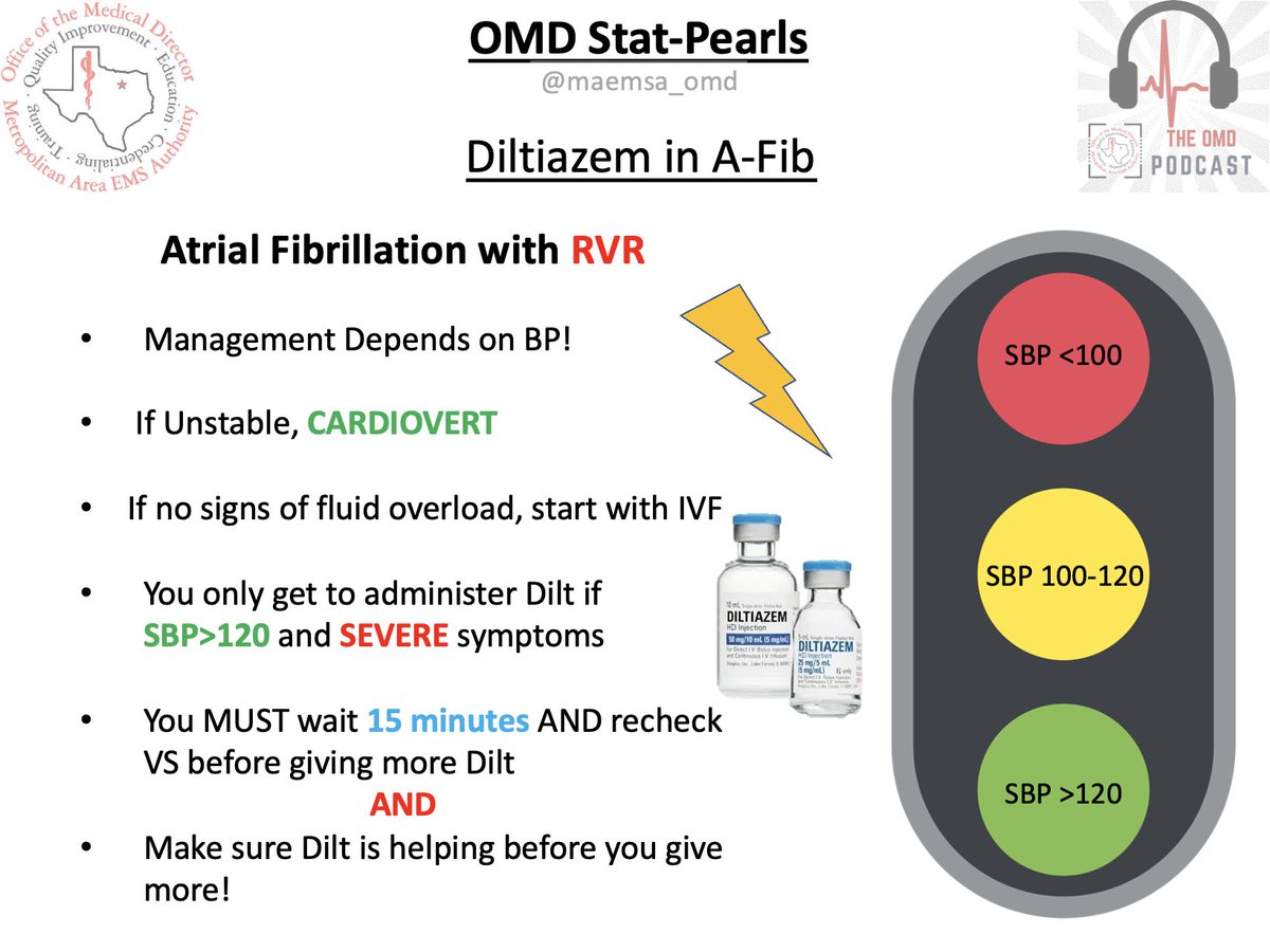 FortWorthOMD's tweet photo. Thinking about diltiazem in fib?
-If the SBP is >120 and patient has severe symptoms, dilt may be helpful
-If the SBP is 100-120, be careful as dilt may precipitate hypotension
-If the SBP is <100, dilt is likely not the best option. Consider cardioversion &amp; other causes of shock https://t.co/GWr4miEZm4