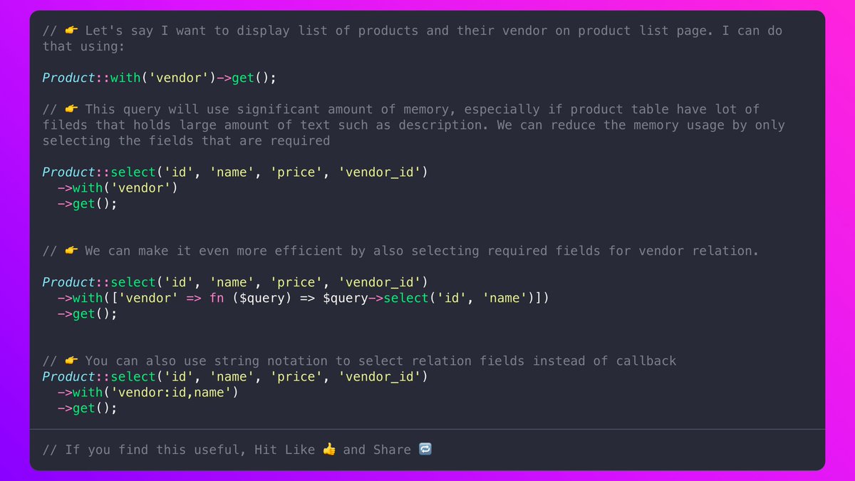 ennakouriReda's tweet photo. #Laravel Tip 🔥 Eloquent ORM is very powerful but to be able to make the most of it, it is necessary to perform some good practices to query the database

#laravel #PHP #developers #backend https://t.co/1VwUcYukyX