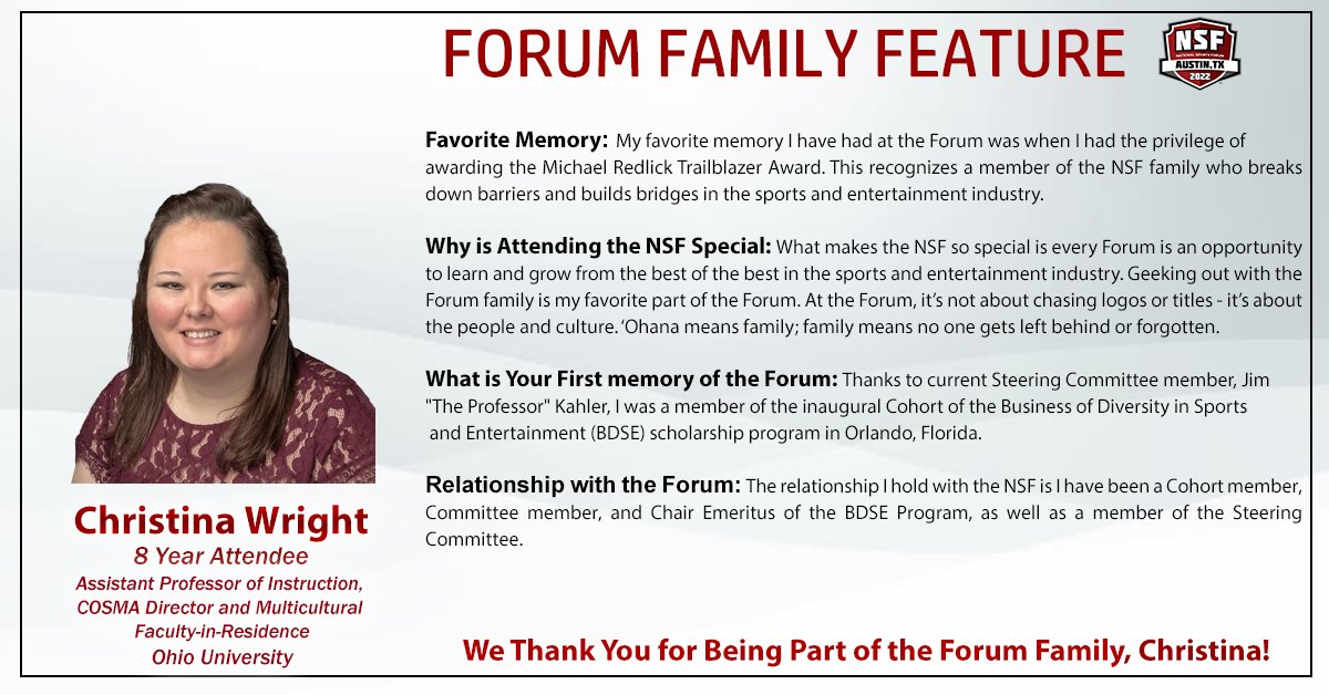NatlSportsForum's tweet photo. Week 7 of #ForumFamilyFeature is NSF Steering Committee member, Christina Wright! We are lucky to have Christina who is Assistant Professor of Instruction, COSMA Director, and Multicultural Faculty-in-Residence for Ohio University as a member of the Forum Family! https://t.co/EE8ETYzqiy