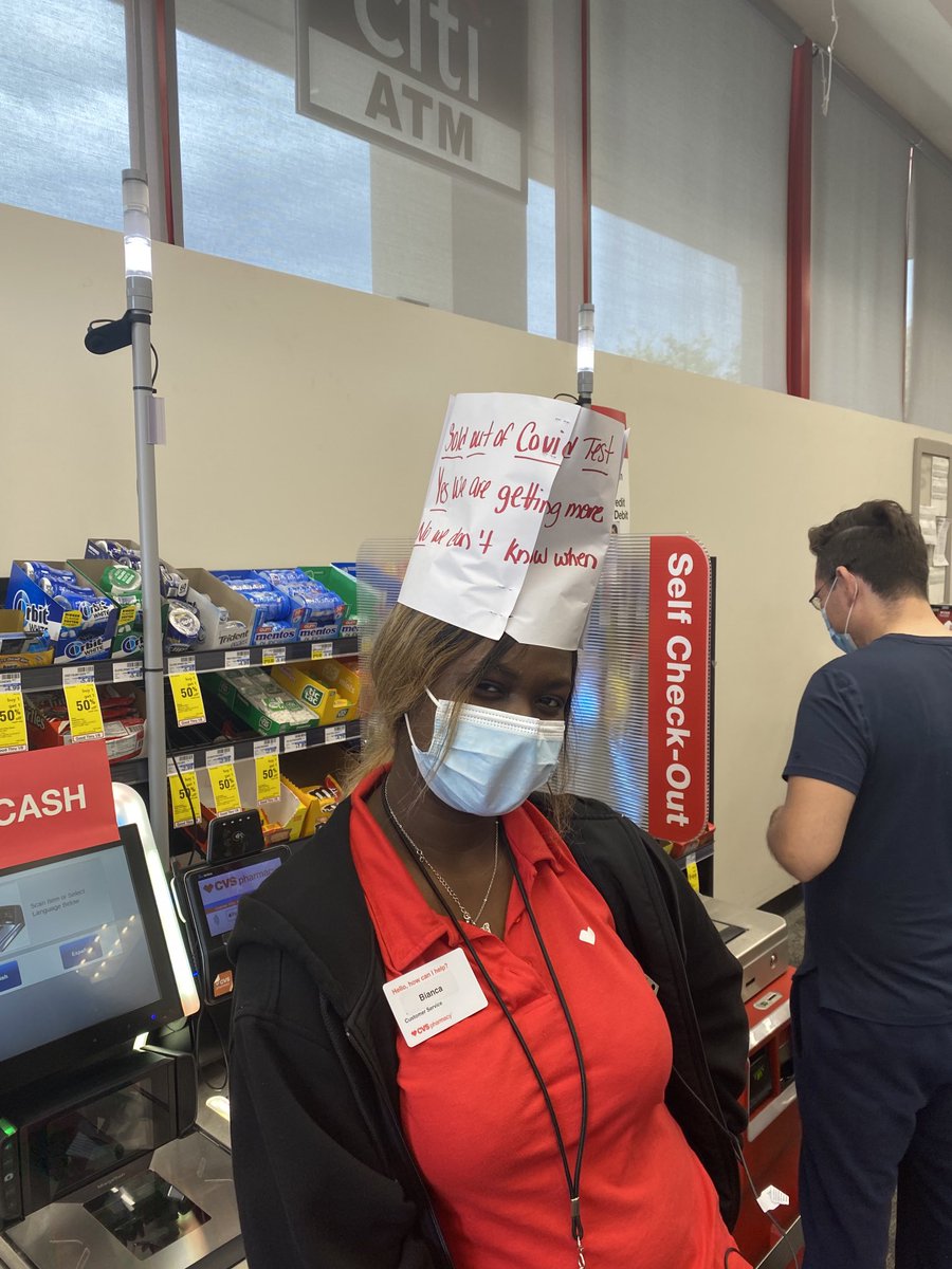 bcauff's tweet photo. Go Bianca!  Handling customer questions with a much needed dose of humor!  #cvs #covidtestshortages https://t.co/nmcayTUefG