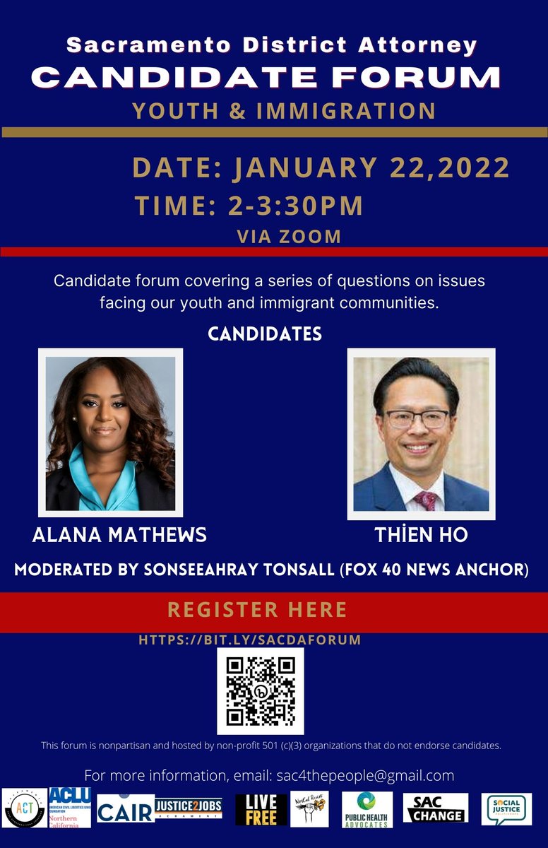 SACRAMENTO: Learn more about the candidates running for DA during the <a href="/Sac4thePeople/">Sacramento 4 The People Coalition</a>
community forum on 1/22.  

Register at this link to join via Zoom: us02web.zoom.us/webinar/regist…