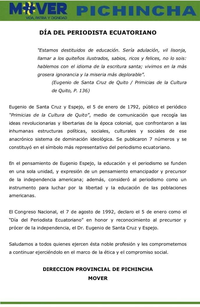 Saludamos a todos quienes ejercen ésta noble profesión y les comprometemos a continuar ejerciéndolo en el marco de la ética y el compromiso social.
#DiaDelPeriodistaEcuatoriano 
@ESPINLAMAR 
<a href="/wayrashamuisab1/">Isabel Bejarano</a> 
<a href="/CesarGJaramillo/">Cesar Gustavo Jaramillo B.</a> 
<a href="/WEnriqCisnerosA/">Enrique Cisneros A</a> 
@OlgiGarcia 
<a href="/xicasanovac/">Xavier Casanova</a>