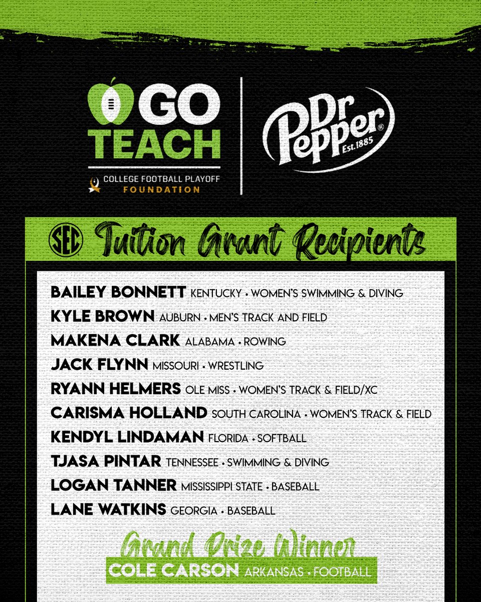 SEC's tweet photo. Congratulations to the 1️⃣1️⃣ @SEC student-athletes receiving $2,500 tuition grants &amp; to grand prize winner @ColeCarson12 who will receive an additional $10,000 in assistance!

Excited to see each of you shape our future!

@CFPExtraYard x #GoTeach 🍏
https://t.co/bDpBRIqSXI https://t.co/KkUaJdz18u