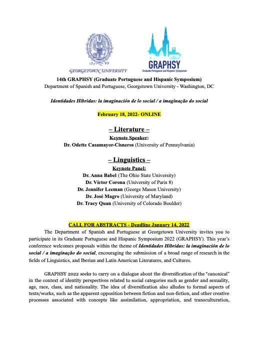 graphsy_gu's tweet photo. NEW! EXTENDED DEADLINE AND MOVED TO ONLINE FORMAT → Conferencia para estudiantes graduados GRAPHSY 2022
Online (Georgetown University): 2/18/22
Abstract deadline: 1/14/22
Please, consider sending an abstract and sharing with students. 
Website: https://t.co/6TZspfo4ia https://t.co/upk3lI8I1w