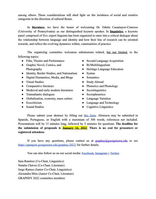 graphsy_gu's tweet photo. NEW! EXTENDED DEADLINE AND MOVED TO ONLINE FORMAT → Conferencia para estudiantes graduados GRAPHSY 2022
Online (Georgetown University): 2/18/22
Abstract deadline: 1/14/22
Please, consider sending an abstract and sharing with students. 
Website: https://t.co/6TZspfo4ia https://t.co/upk3lI8I1w